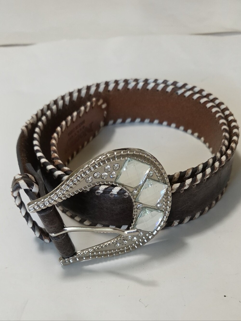 Nocona Brown Leather Belt with Rhinestone Buckle & Embroidery Scroll Size L